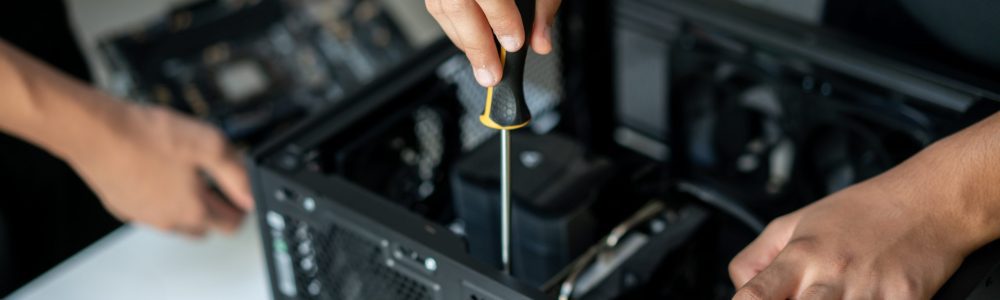 Repair of the computer system unit in the service center. High quality photo
